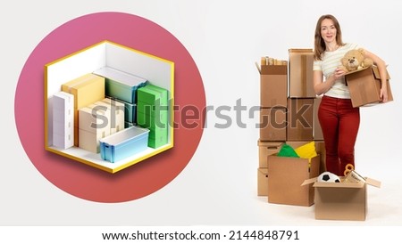 Self storage unit for goods to rent. Storage of things during repairs or relocation. A woman with a lot of cardboard boxes. Warehouse services. A warehouse for household items. 3d image Royalty-Free Stock Photo #2144848791