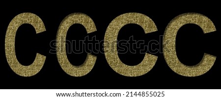 Golden letter C cut out of black paper on the backdrop of a pattern of gold threads, decorative font.
