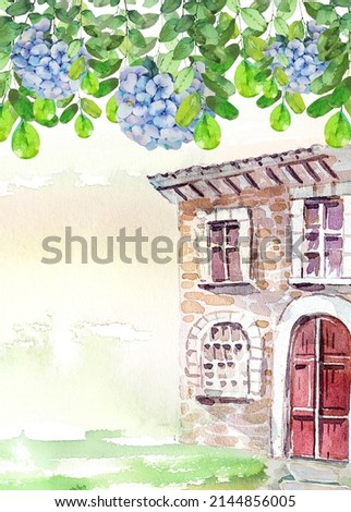 Old cottage building and hydrangea flowers background. European village card with copy space. Rustic countryside house ang greenery illustration. Wedding invitation template.