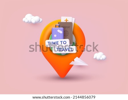 Time to travel banner. Trip banner with passport, tickets, travel bag. 3D Web Vector Illustrations. Royalty-Free Stock Photo #2144856079
