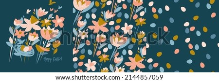 Flowers and eggs Easter vector seamless patterns and card. Set of spring holiday clip-art illustration for Easter print and digital use. 