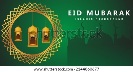 an eid mubarak themed background with a green and black color gradient background, and there are some Islamic ornaments in it