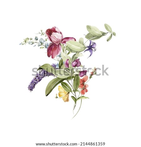 Watercolor floral bouquet. Hand painted set of green leaves, spring wild flowers, field summer bloom, herbs isolated on white background. Iillustration for card design, print, background