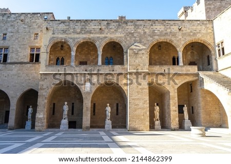 Courtyard of Palace of the Grand Master of the Knights of Rhodes or Kastello. Medieval castle in the city of Rhodes, on the island of Rhodes in Greece. Citadel of the Knights Hospitaller. Royalty-Free Stock Photo #2144862399