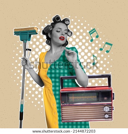 Creative design. Contemporary artwork with beautiful woman in hair curlers, holding modern floor mop and retro radio set. Funny cleaning with music. Concept of inspiration, creatvity. vintage art