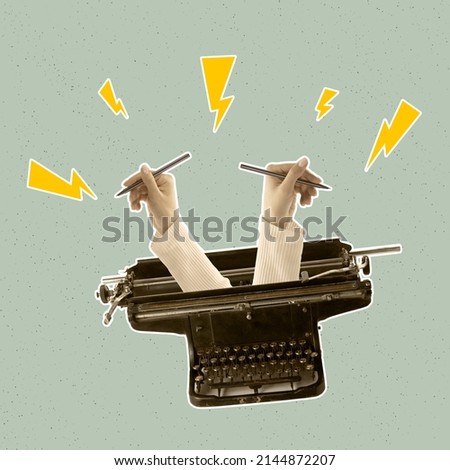 Contemporray art collage. Vintage design style. Two hands sticking out retro typewriter, creating text, story. Copy space for ad, text. Concept of old fashion, history, creativity, inspiration Royalty-Free Stock Photo #2144872207
