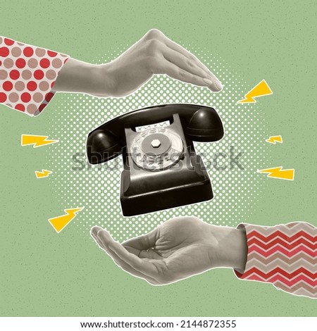 Contemporary art collage. Human hands holding retro vintage phone isolated over green background. Communication. Concept of style, retro, art, creativity, imagination. Copy space for ad Royalty-Free Stock Photo #2144872355