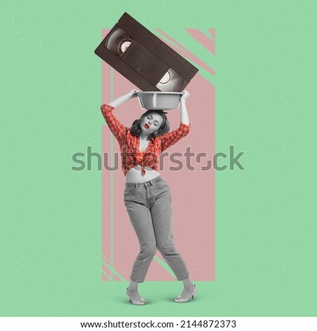 Contemporary artwork. Stylish woman with retro cassete isolated over green background. Fashionable cleaning. Concept of vintage fashion, style, retro, art, creativity, imagination. Copy space for ad