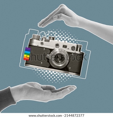 Contemporary art collage. Human hands holding retro camera isolated over blue backgroud. LGBTQIA support. Concept of vintage fashion, style, retro, art, creativity, imagination. Copy space for ad Royalty-Free Stock Photo #2144872377