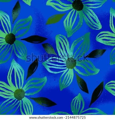 Abstract Hand Drawing Watercolor Textured Striped Hibiscus Flowers and Leaves Seamless Pattern with Tie Dye Batik Background