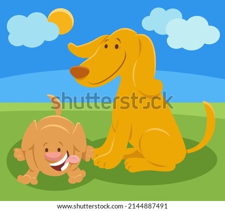 Cartoon illustration of dog mom animal character with happy little puppy