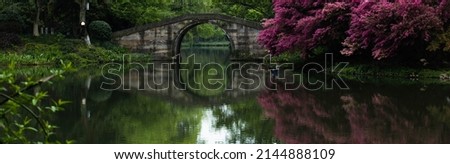 ancient stone bridge over a lake with beautiful greenery view