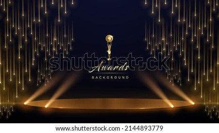 Golden Stage Spotlights Royal Awards Graphics Background. Lights Elegant Shine Modern Template. Space Falling Star Particles Corporate Template. Classy speedy lines Abstract trophy Certificate Banner. Royalty-Free Stock Photo #2144893779
