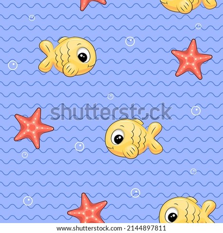 Seamless pattern with cute cartoon fish and starfish. Vector illustration on a blue background with bubbles.