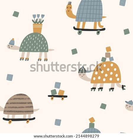 Baby seamless pattern. Cute turtles on milk background. Creative scandinavian kids texture for fabric, textile, wallpaper, apparel.
