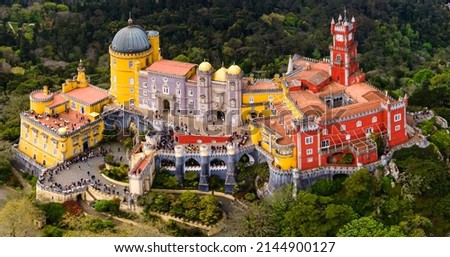 National Palace of Pena, Sintra region, Lisbon. Beautiful sunset at Famous place in Portugal Royalty-Free Stock Photo #2144900127