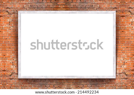 Blank banner with wooden frame on brick wall background