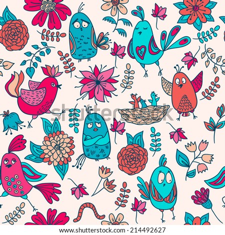 Cute colorful vector with birds and flowers. Seamless pattern for web-design, textile, graphic design. 