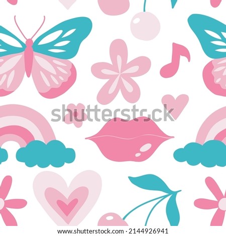 Cute 00s and 90s doodle seamless pattern. Retro glamorous girl style. Flat cartoon elements: butterfly, lips, hearts. Trendy 2000s y2k texture for kid textile, paper, fabric. Vector childish surface