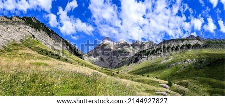 Panorama of the mountain valley of the hills. Mountain hill valley panorama. Mountain panoramic landscape. Mountain hill valley Royalty-Free Stock Photo #2144927827