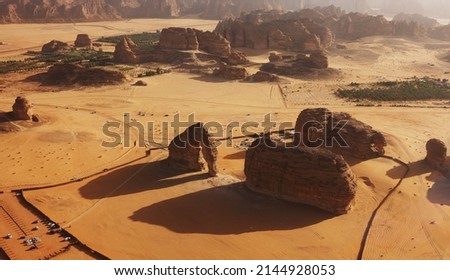 Evening aerial views of Elephant Rock (Jabal AlFil) in Al Ula, Western Saudi Arabia Royalty-Free Stock Photo #2144928053