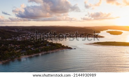 Aerial image of the village of Itacaré during sunset on the southern coast of Bahia 