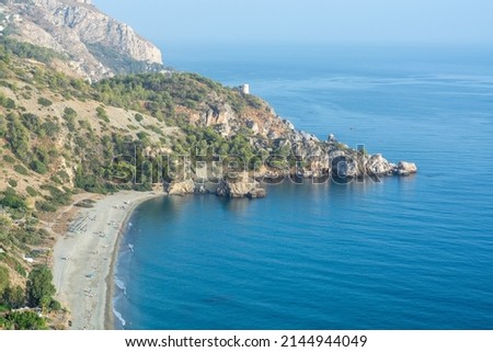 Costa tropical in Andalusia, Spain, view on beaches la Herradura touristic town with subtropical climate in Europe in summer