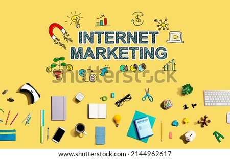 Internet marketing with collection of electronic gadgets and office supplies
