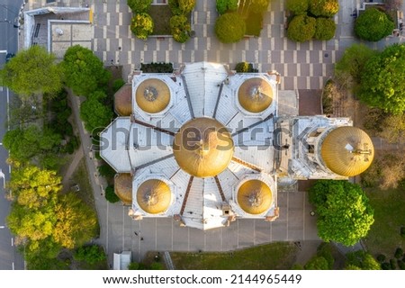 Aerial view of the Dormition of the Theotokos Cathedral in Varna, Bulgaria Royalty-Free Stock Photo #2144965449