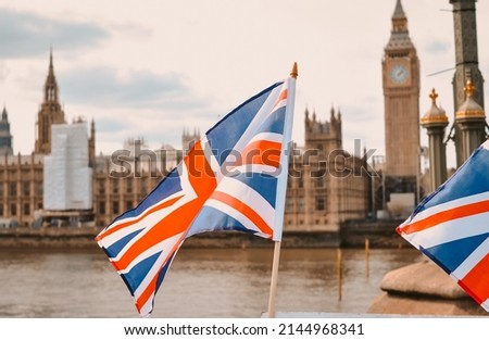 National flag of United Kingdom of Great Britain in London . High quality photo Royalty-Free Stock Photo #2144968341