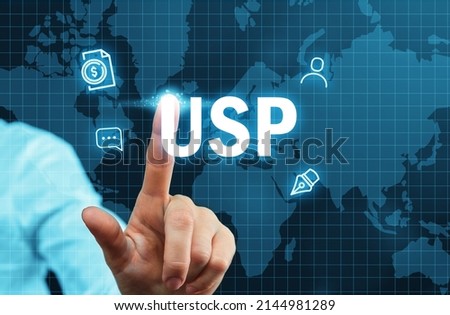 Acronym USP or Unique Selling Proposition. Person clicks on an abstract display with icons.