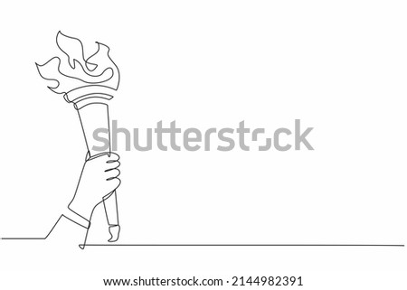 Single one line drawing hand holding golden torch with fire flame. Symbol for sport competition tournament. Flame and sports. Education and lighting. Continuous line design graphic vector illustration