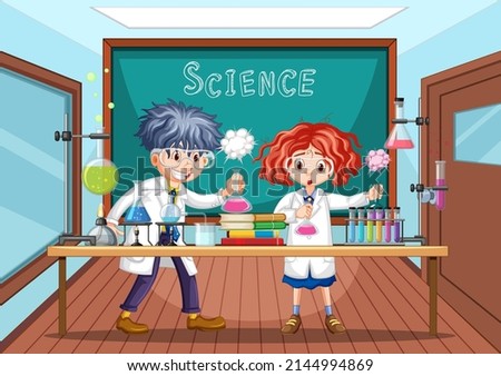 Classroom scene with scientist doing experiment illustration