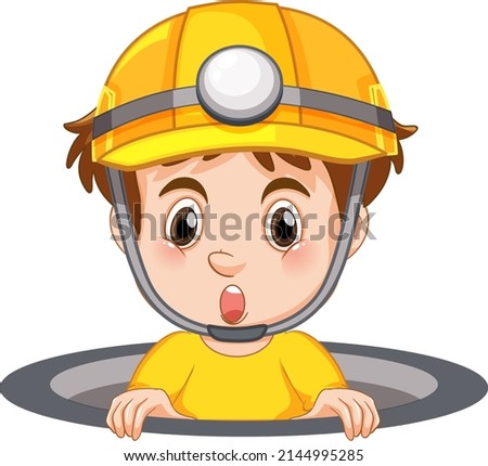 Little boy in hole wearing safety hat illustration