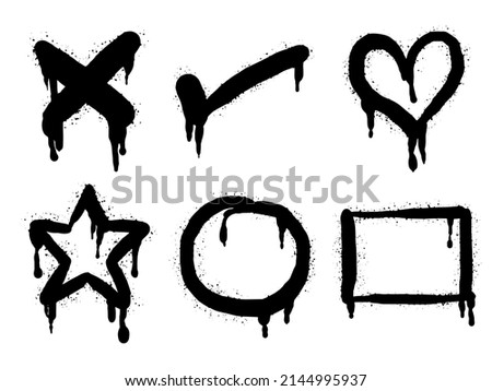 collection of Spray painted graffiti check mark, heart, star, circle and rectangle sign in black over white. design element drip symbol.  isolated on white background. vector illustration