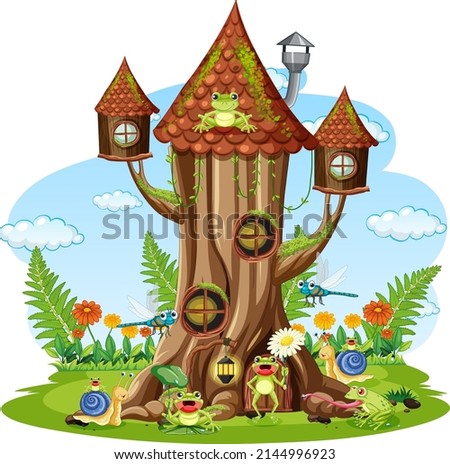 Happy insect cartoon at fairy tree house illustration
