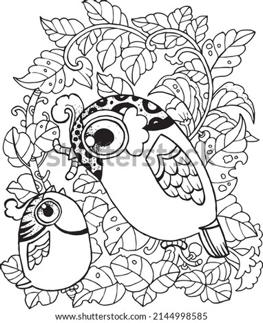 Fantasy birds and her baby on brand botanicals background hand drawn doodle coloring art for coloring pages,preschool coloring pages,pattern,background,greeting card,decoration,wallpaper,clip art.