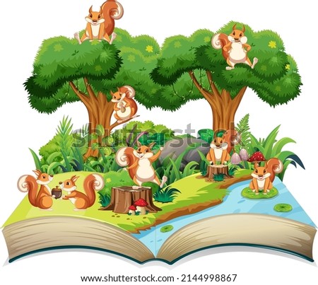 Storybook with many squirrels in jungle illustration
