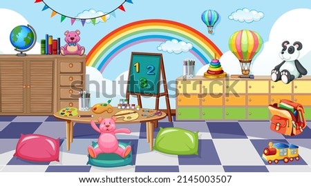 Empty kindergarten classroom interior with many kid toys illustration