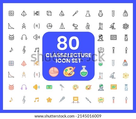 Collection of class and lecture linear icons and color icons. math Graphs, alcohol lamps, palettes Set of school class symbols drawn with thin contour lines.