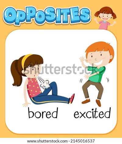 Opposite words for bored and excited illustration