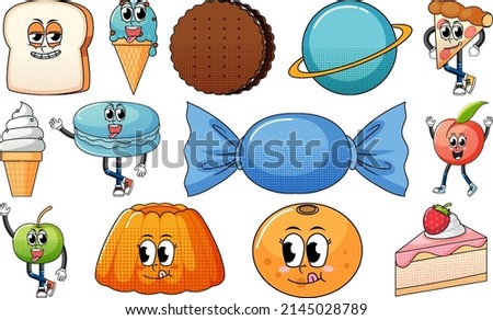 Set of facial expression with vintage style food cartoon on white background illustration