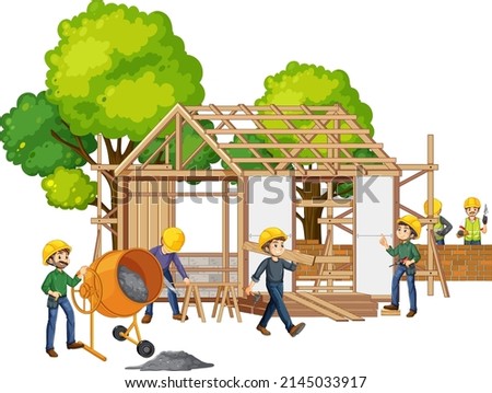 House construction site with cartoon workers illustration