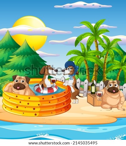 Domestic animals cartoon character on the beach illustration