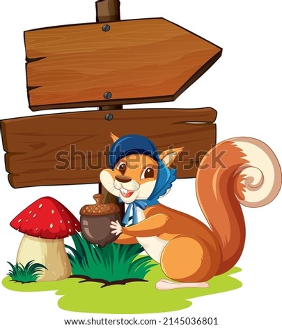 Wooden sign with cute squirrel illustration