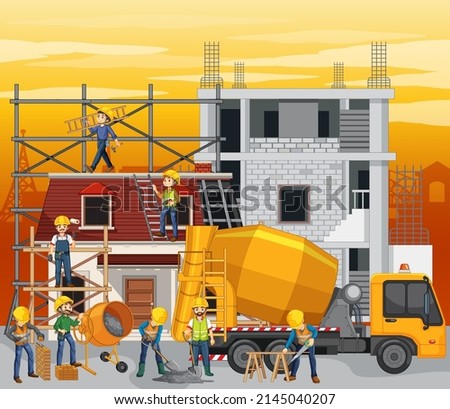 Building construction site with workers illustration