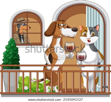 Cartoon dog and cat sipping wine illustration