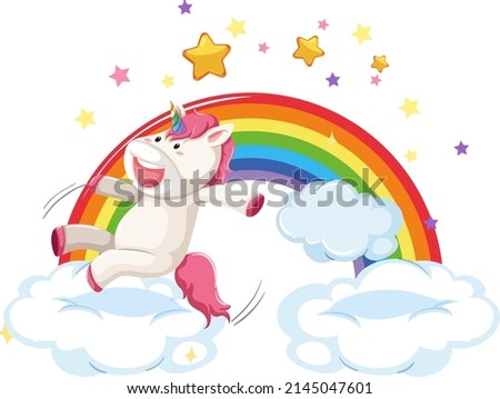 Pink unicorn jumping on a cloud with rainbow  illustration