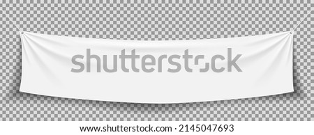 Fabric banner. Hanging white textile banner with rope. White canvas with folds. Blank horizontal mockup of poster isolated on transparent background. Realistic advertising. Vector. Royalty-Free Stock Photo #2145047693