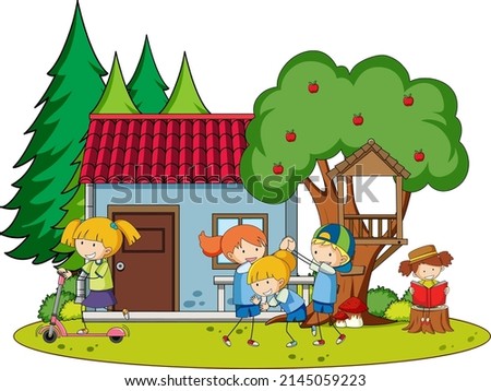 A simple house with kids  in nature background illustration